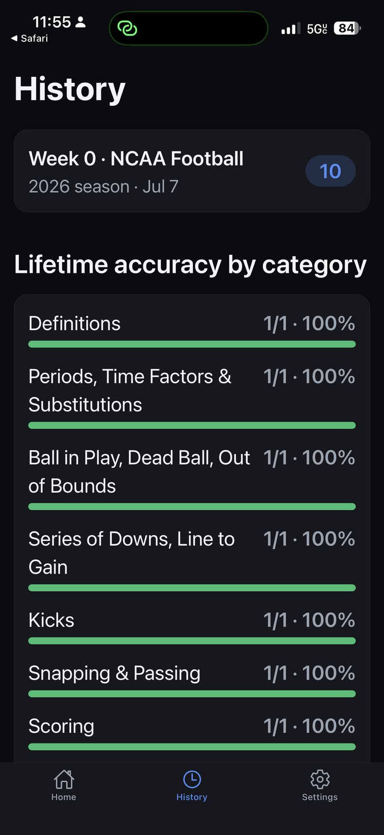 History screen showing accuracy by category