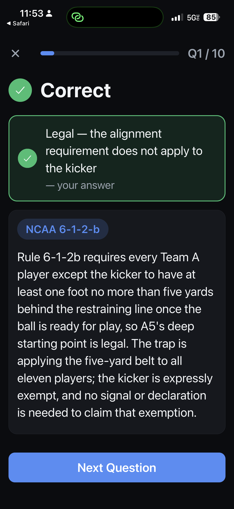 RefIQ ruling screen showing the correct call and the rule behind it